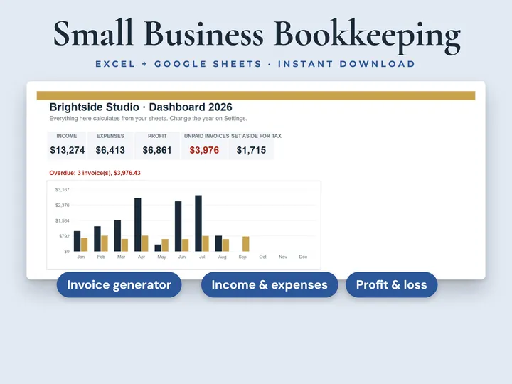 Small Business Bookkeeping cover: invoices, income, expenses, profit and a mileage log