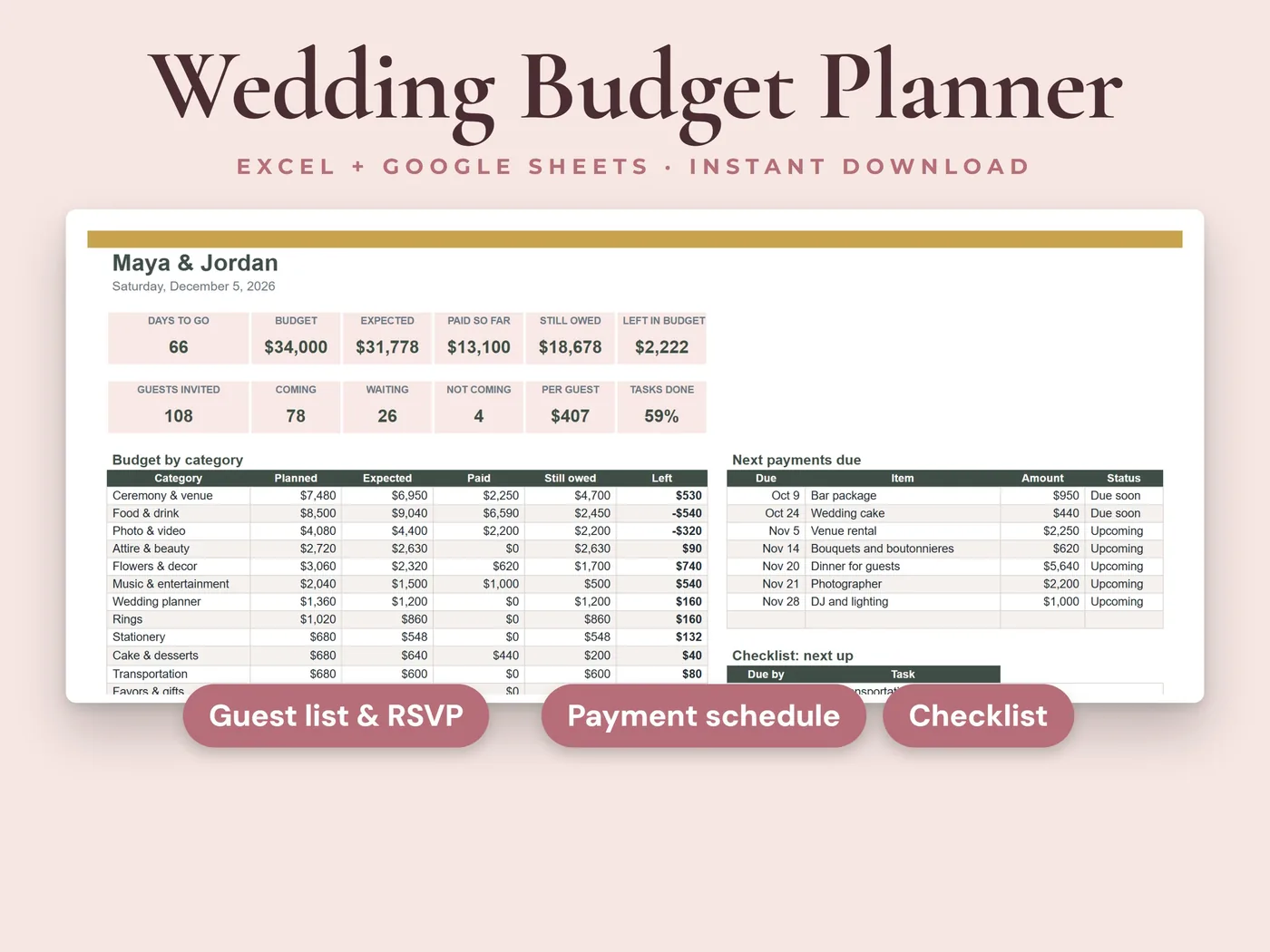 Wedding Budget Planner cover: budget, payments, guests, seating and checklist