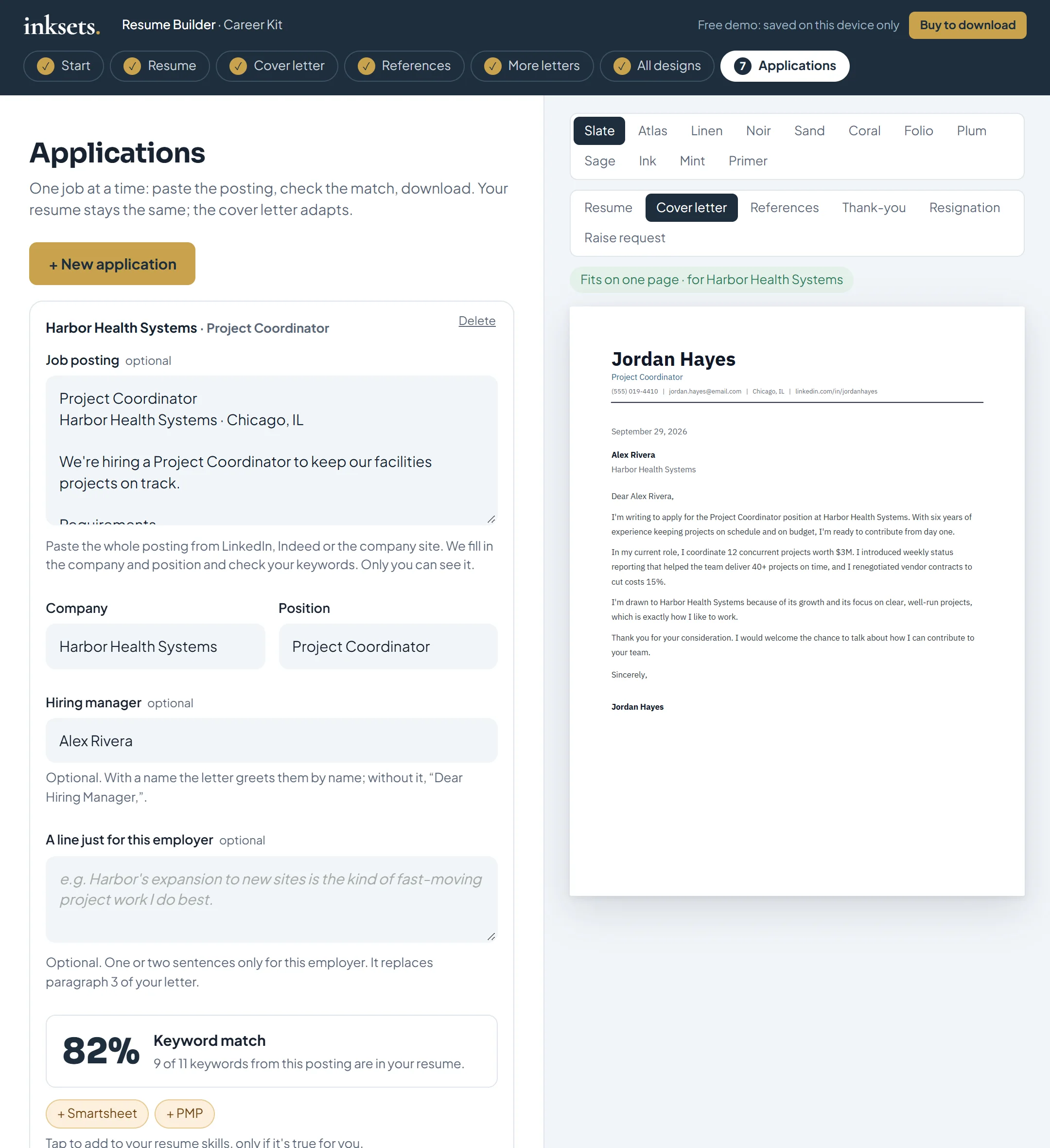 An application: the job posting, a keyword match score and the words to add