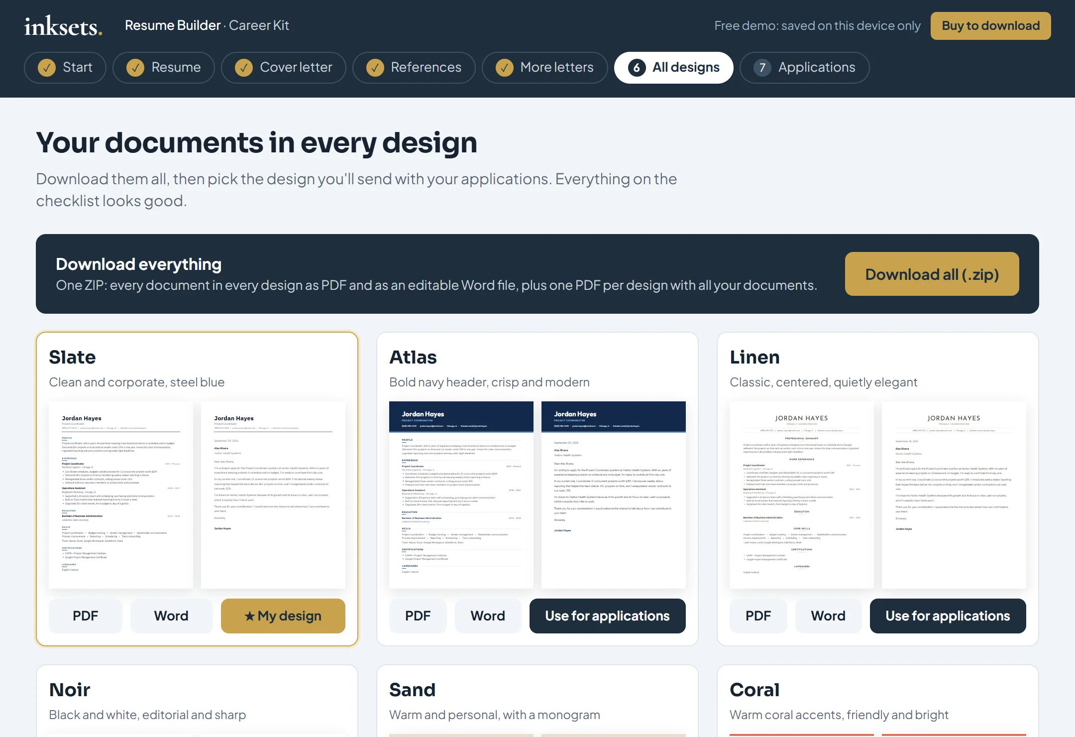 Every design side by side, with PDF and Word download buttons