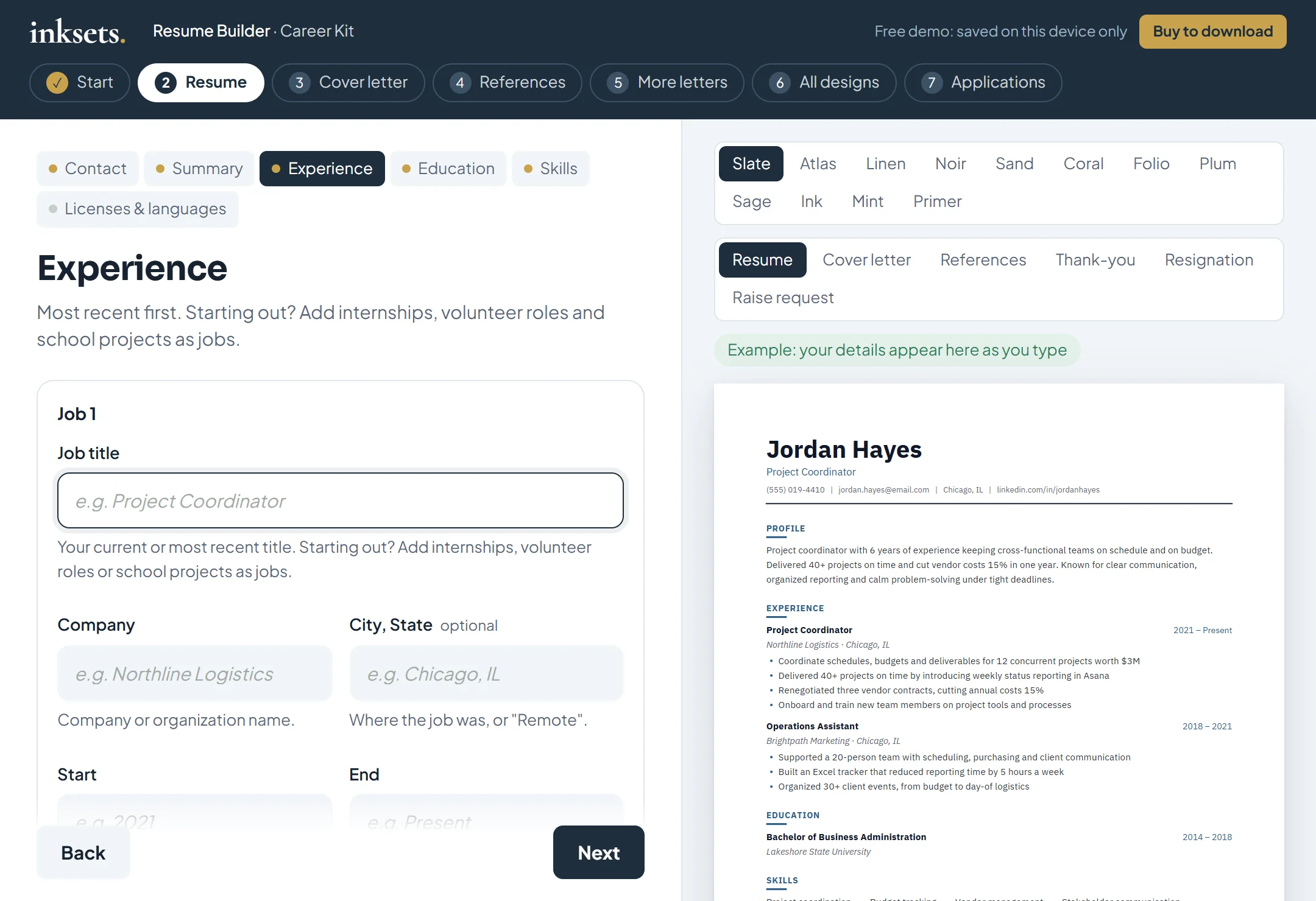 The builder: a form with tips and grey examples, and the resume preview beside it